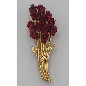 Vintage gold tone red enamel‎ DOZEN ROSES flower bouquet brooch pin